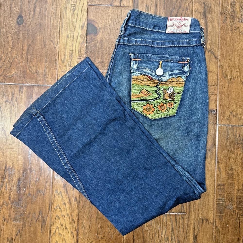 Y2K True Religion Jeans Womens 32 33 Blue Low Rise Flare Joey Embroidered *36 30